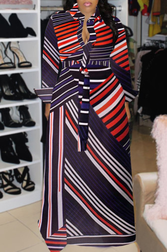 Stripe Casual Print Patchwork Buckle Turndown Collar Shirt Dress Dresses