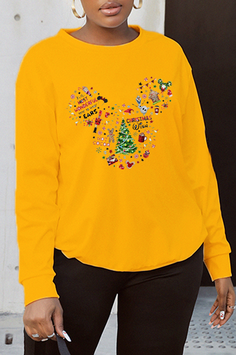

Yellow Casual Street Print Snowflakes Patchwork O Neck Tops