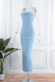 Blauwe sexy effen patchwork veren backless spleet spaghetti band lange jurk