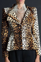 Brauner gekerbter Leopard Slim Fit Print Print Langarm-Blazer & Anzüge & Jacke