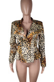Blazer de manga larga con estampado de leopardo con muescas marrón y trajes y chaqueta