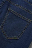 Mittelblaue, lässige, zerrissene Patchwork-Quaste mit hoher Taille und dünner Denim-Jeans