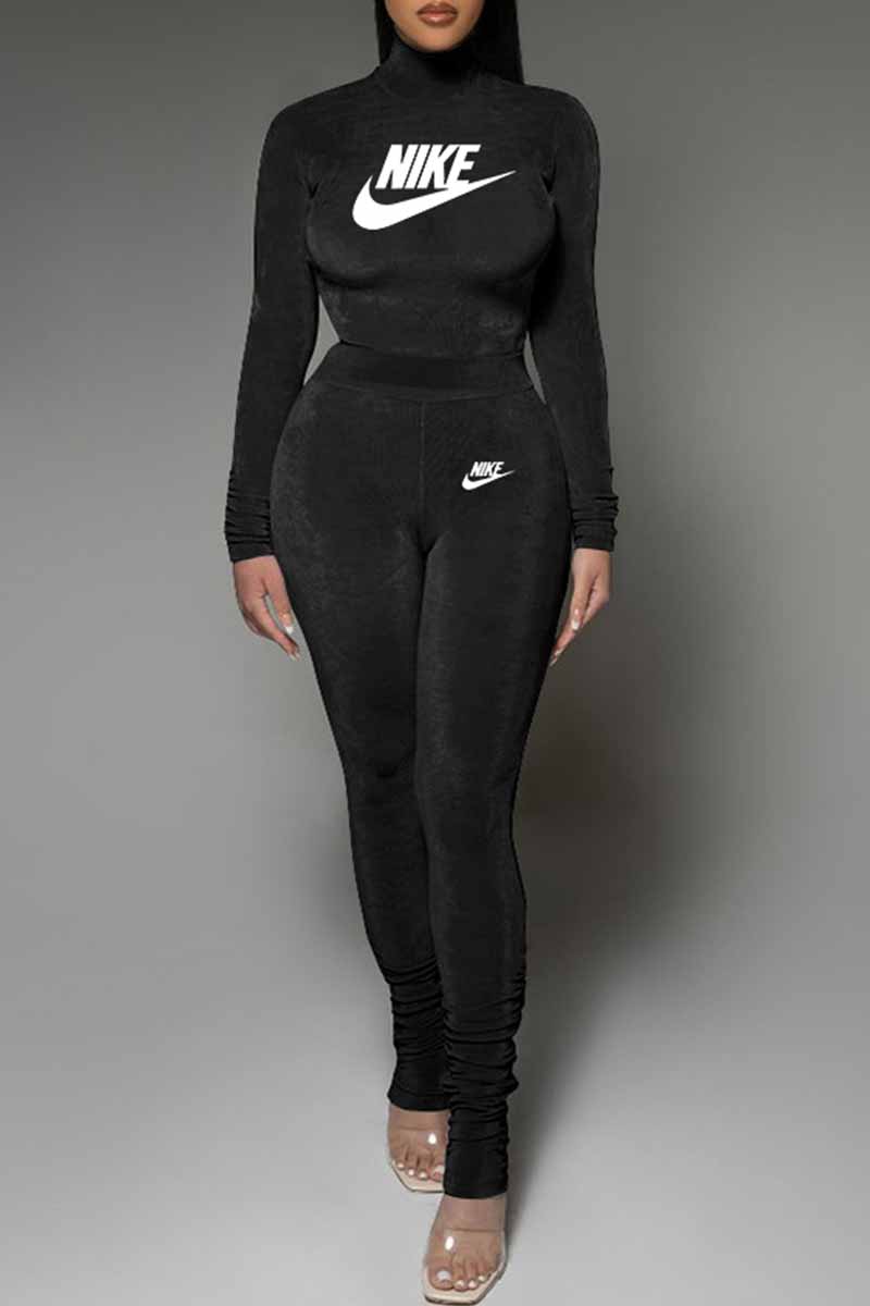 Black Street Print Letter Half A Turtleneck Long Sleeve Two Pieces