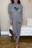 Dark Gray Casual Print Letter Turtleneck Long Sleeve Two Pieces