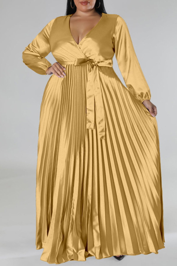 Gold Casual Solid Bandage Patchwork Fold V Neck Long Dress Plus Size Dresses