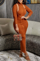 Yellow Brown Sexy Solid Patchwork Slit Turtleneck Long Sleeve Two Pieces