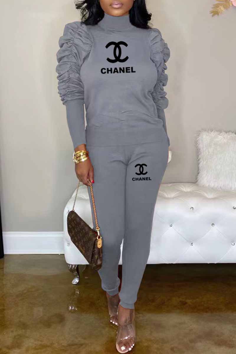 

Light Gray Casual Print Letter Turtleneck Long Sleeve Two Pieces