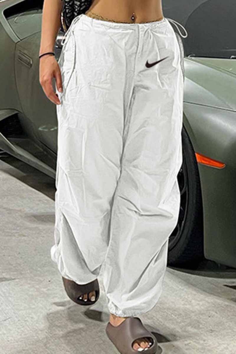 

White Street Print Bandage Loose Mid Waist Straight Bottoms