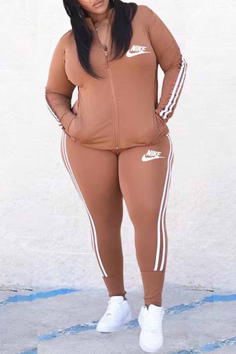 

Coffee Casual Print Letter Zipper Collar Plus Size Two Pieces