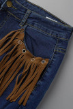 Medium blauwe casual patchwork skinny jeans met kwastjes en gescheurde hoge taille
