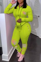 Fluorescent Yellow Casual Print Letter Hooded Collar Long Sleeve Two Pieces