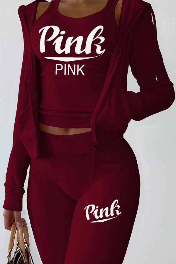 Burgundy Sexy Print Letter Long Sleeve Three Pieces