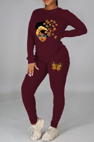 Burgundy Vintage Print Patchwork O Neck Long Sleeve Two Pieces