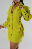 Yellow Casual Solid Bandage Patchwork Buckle Turndown Collar Outerwear