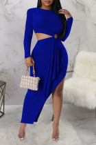 Красочные синие сексуальные сплошные выдолбленные лоскутные платья с разрезом и круглым вырезом юбка-карандаш
