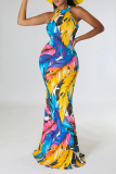 Multicolor Street Print Patchwork Halfter Trompete Meerjungfrau Kleider