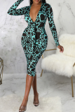 Cyanine Sexy Print Patchwork Col V Robes Jupe Crayon