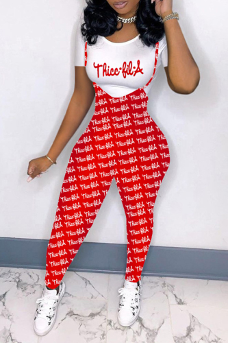 Red White Casual Print Patchwork O Neck Skinny Jumpsuits