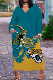 Желто-синие повседневные платья с длинным рукавом и принтом в стиле пэчворк с V-образным вырезом