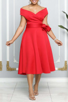 Red Elegant Solid Patchwork Off the Shoulder A Line Dresses