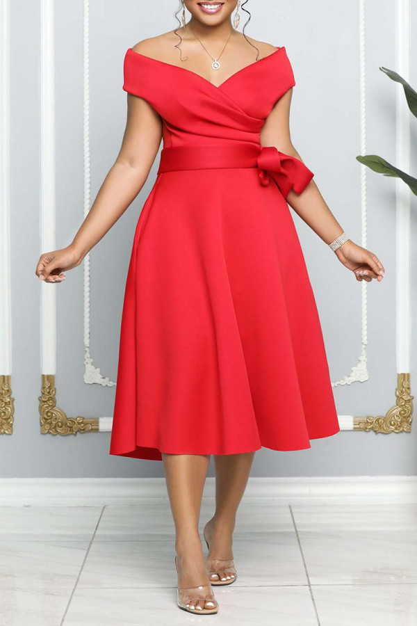 Rode elegante effen patchwork off-shoulder A-lijn jurken