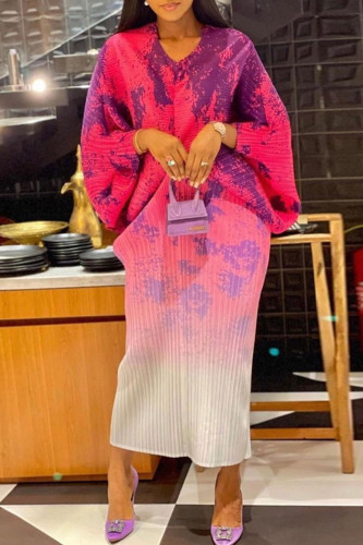 Pink Purple Casual Print Patchwork V Neck Pencil Skirt Dresses
