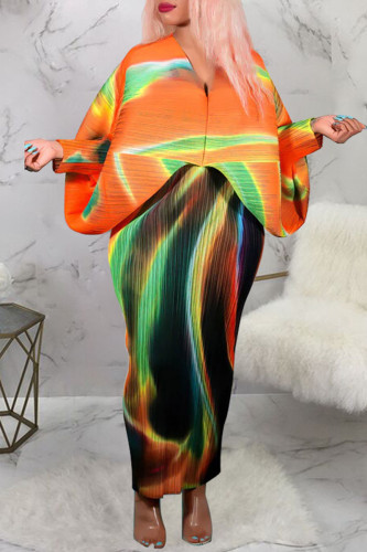 Orange Green Casual Print Patchwork V Neck Pencil Skirt Dresses