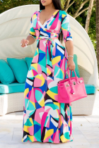 Vestidos de falda de cintura con cuello en V de patchwork con estampado dulce multicolor