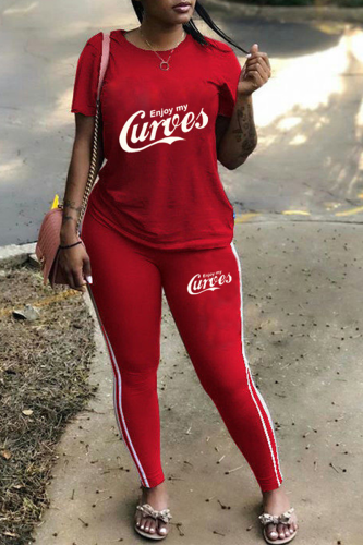 Red Casual Print Patchwork O Neck Short Sleeve Two Pieces