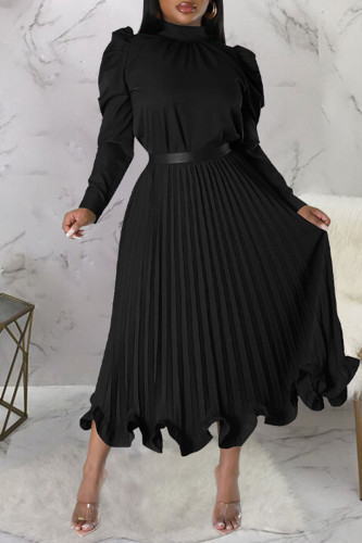 Black Casual Solid Patchwork Flounce Fold Half A Turtleneck Long Sleeve Two Pieces