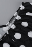 Черные повседневные лоскутные платья в горошек с открытой спиной и круглым вырезом с длинными рукавами (без пояса)
