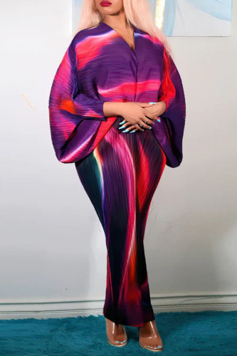 Fuchsia Casual Print Patchwork V Neck Pencil Skirt Dresses