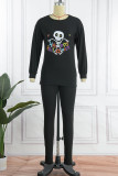 Grey Street Skull Head Print Patchwork Long Sleeve Two Pieces