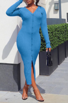 ブルー ストリート ソリッド パッチワーク V ネック ペンシル スカート ドレス