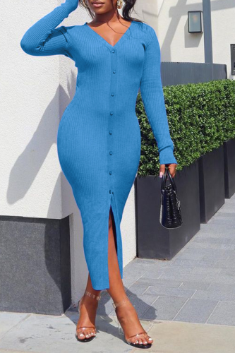 Blue Street Solid Patchwork V Neck Pencil Skirt Dresses