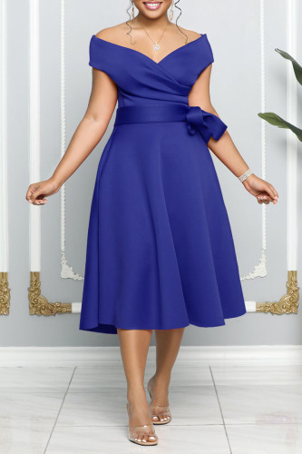 Blauwe elegante effen patchwork off-shoulder A-lijn jurken