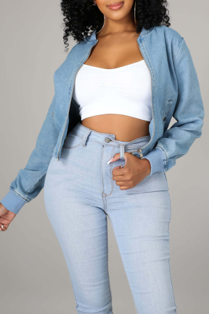 Light Blue Street Solid Patchwork Zipper Collar Long Sleeve Harlan Cropped Denim Jacket
