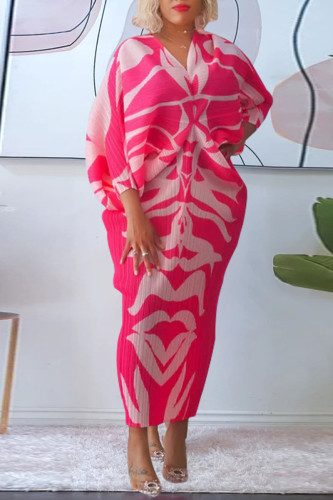 Rose Red Casual Print Patchwork V Neck Pencil Skirt Dresses
