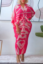 Robes de jupe crayon à col en V patchwork imprimé décontracté rose rouge