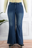 Calça jeans tamanho grande azul casual patchwork sólido