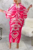 ピンク パープル カジュアル プリント パッチワーク V ネック ペンシル スカート ドレス