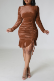 Brownness Street Solid Draw String Fold Half A Turtleneck Pencil Skirt Robes