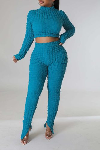 Sky Blue Street Solid Patchwork Turtleneck Long Sleeve Two Pieces