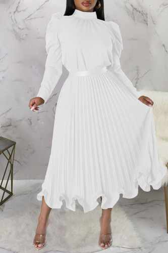 White Casual Solid Patchwork Flounce Fold Half A Turtleneck Long Sleeve Two Pieces