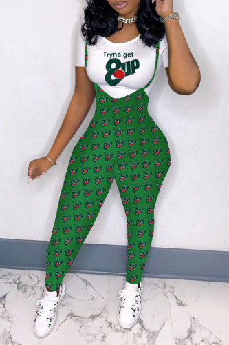 Green Casual Print Patchwork O Neck Skinny Jumpsuits