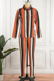 Brown Sexy Striped Print Patchwork Buckle Turndown Collar Long Sleeve Two Pieces