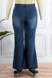 Calça jeans tamanho grande azul casual patchwork sólido