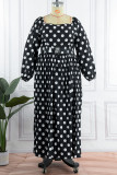 Zwarte Casual Dot Print Patchwork Ruglooze O-hals Lange Mouwen Plus Size Jurken (Zonder Riem)