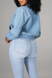 Jaqueta jeans Harlan Street azul claro com patchwork sólido com zíper manga longa