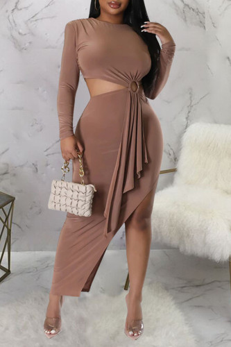 Light Coffee Sexy Solid Hollowed Out Patchwork Slit O Neck Pencil Skirt Dresses